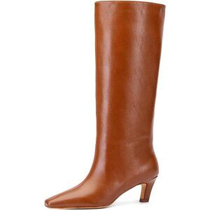 Women’s Yellow Knee High Boot Square Toe Kitten Heel Wide Calf Synthetic Leather